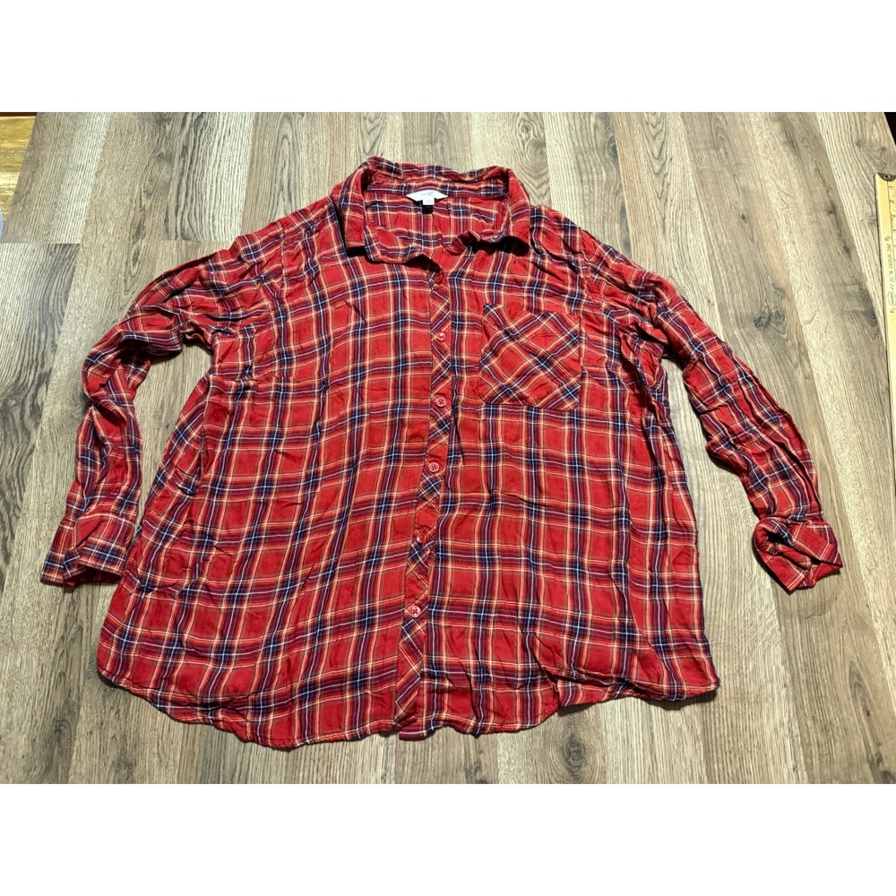 Terra & SkyShirt Womens Size 1X Red Button Up Plaid Flannel Long Sleeve Pocket